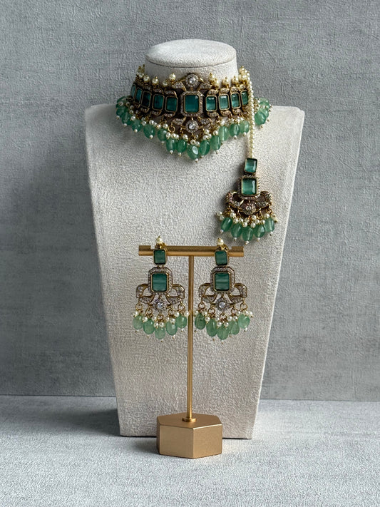 Ayura Designs Esme Set – Antique Gold Choker with Mint Green Stones, Pearls & Crystal Detailing