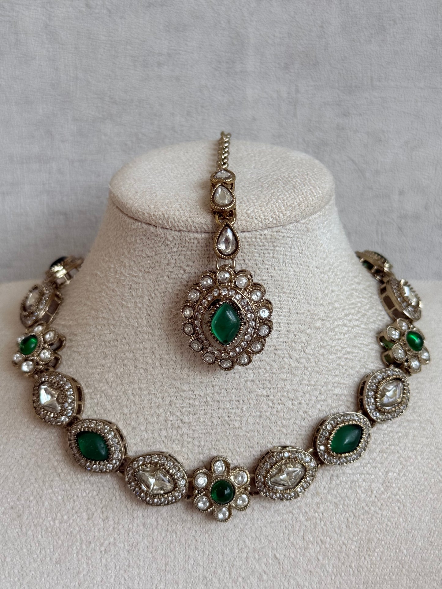 Ayura Designs Ivy Necklace Set with Studs & Tikka – Emerald Green Kundan Detailing