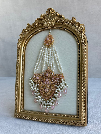 Ayura Designs Zahara Jhoomar Passa – Blush Pink Stones, Ivory Pearls & Gold Finish