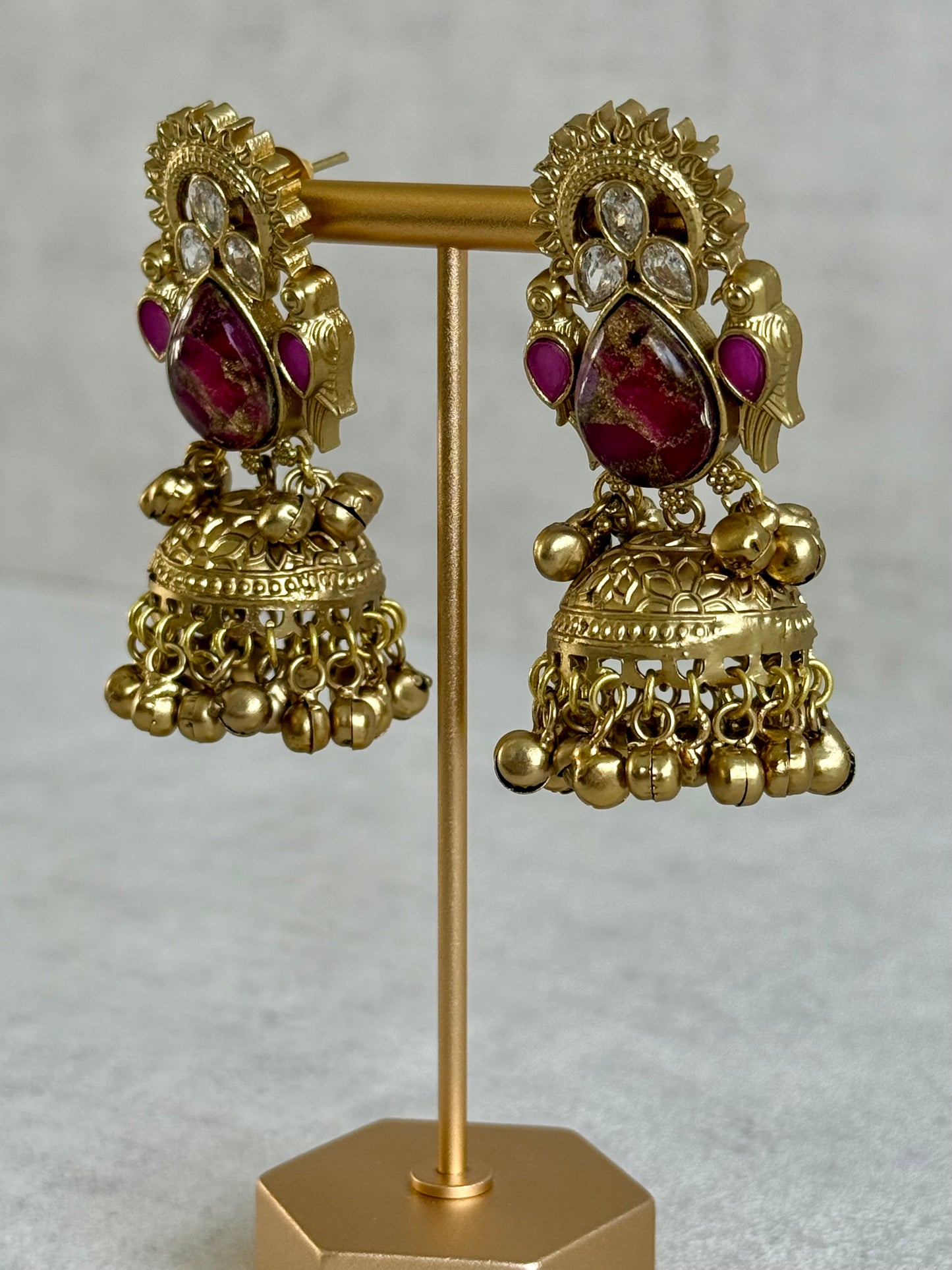Ayura Designs Avleen Earrings – Berry Pink Marble with Antique Gold Finish & Kundan Detailing