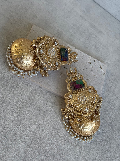Ayura Designs Adeeba Earrings – Antique Gold Temple Jhumkas with Multicolour Stone Accent & Pearl Drops