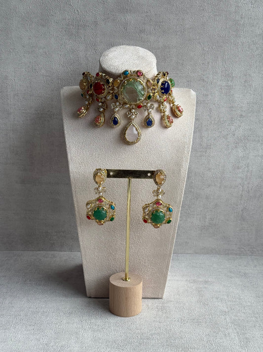 Ayura Designs Willow Choker Set – Statement Multicolour Stone Choker with Pearls & Antique Gold Detailing
