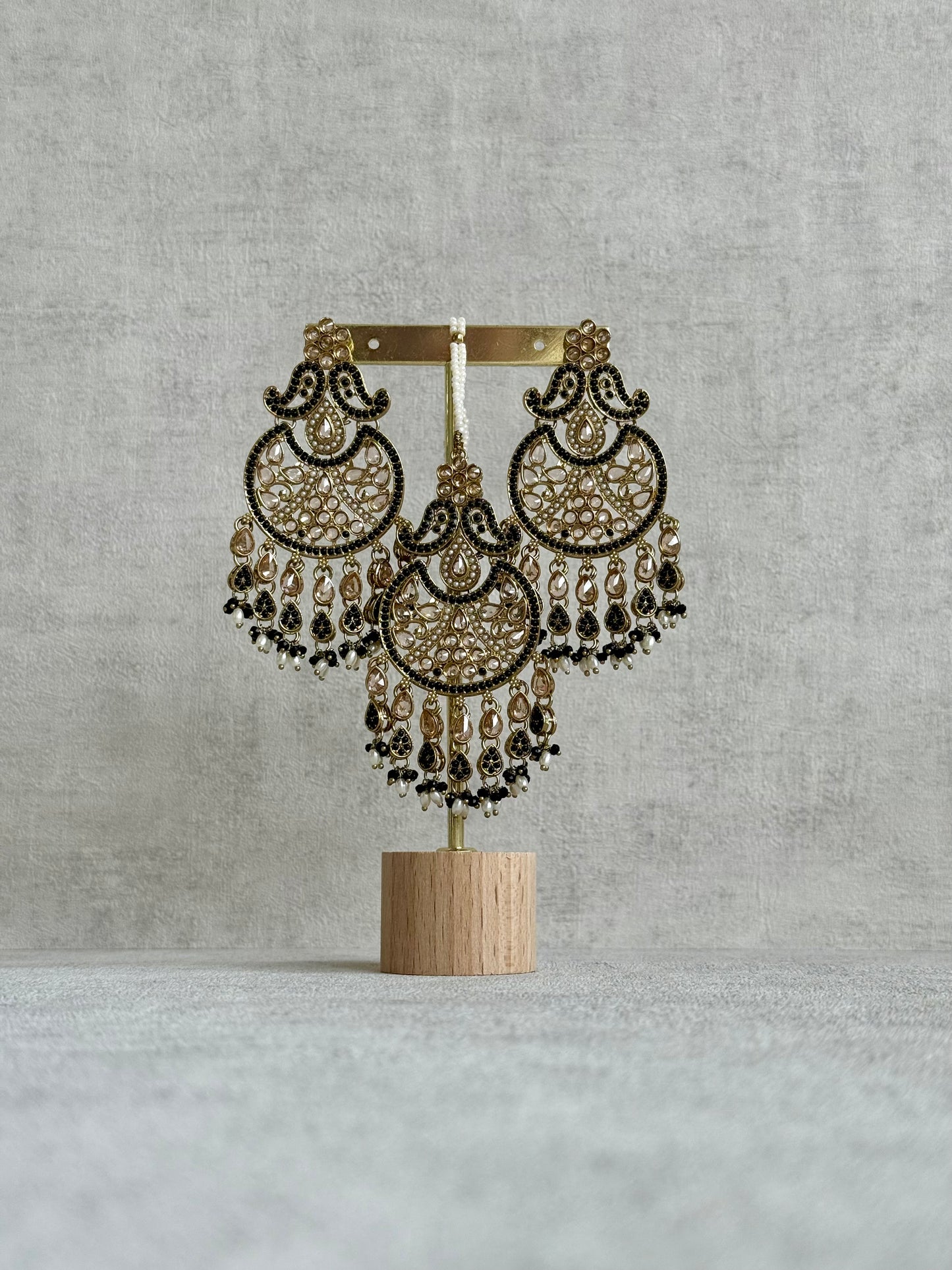 Ayura Designs Anvi Tikka Set with Earrings – Black with Champagne Stones & Pearl Drops