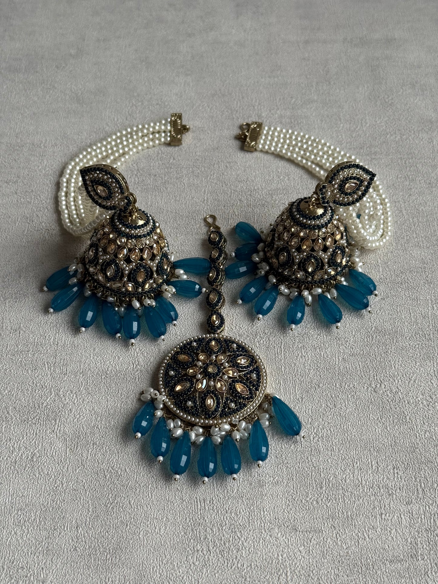Ayura Designs Amrita Set – Jhumkis with Sahare & Tikka in Peacock Blue Beads, Pearls and Antique Gold Finish