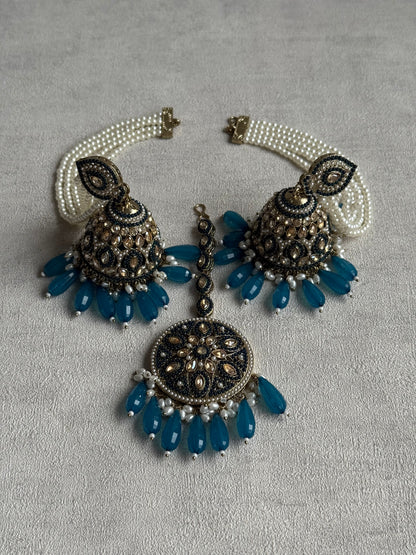 Ayura Designs Amrita Set – Jhumkis with Sahare & Tikka in Peacock Blue Beads, Pearls and Antique Gold Finish