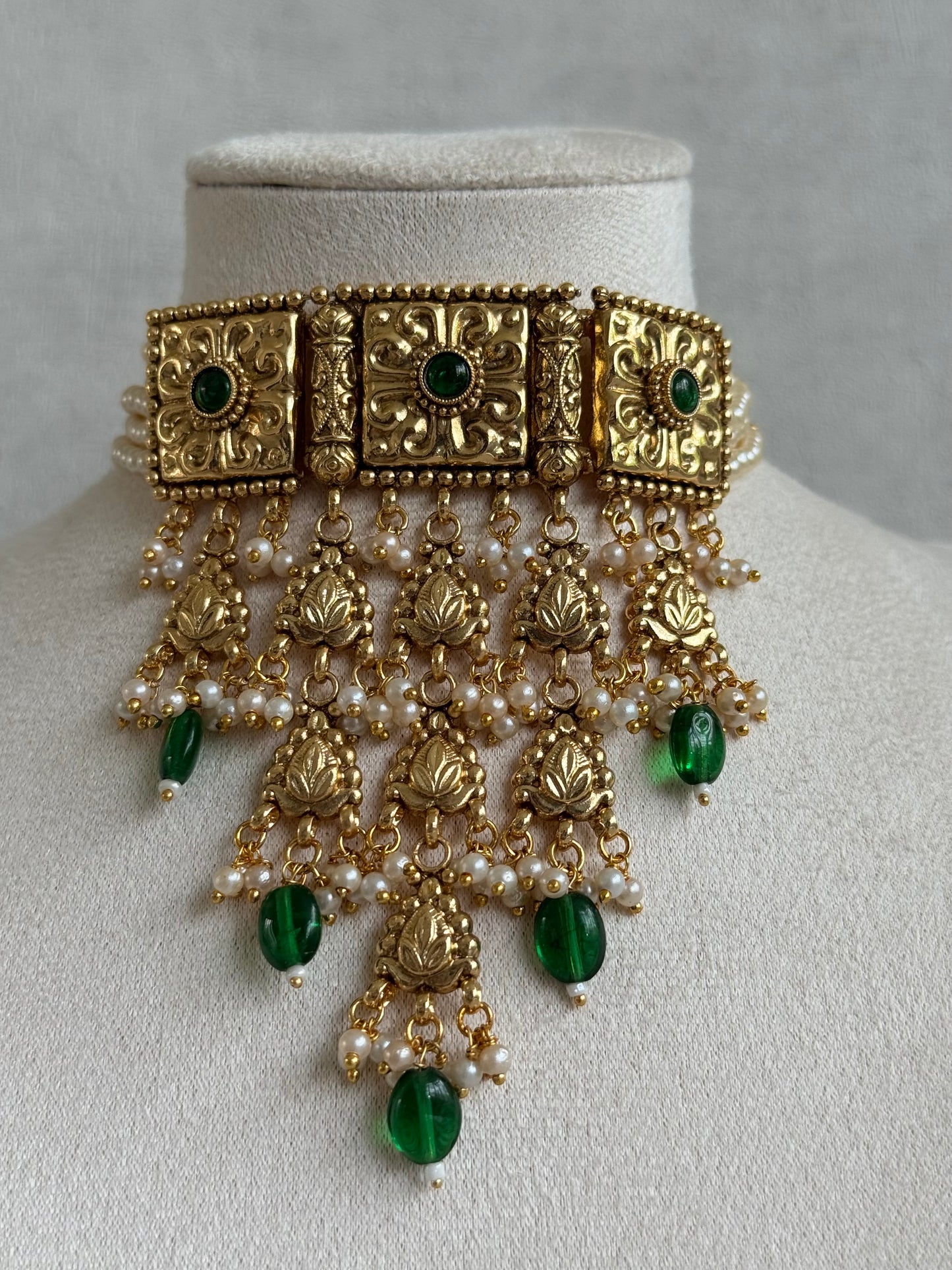 Ayura Designs Nimrah Choker Set with Earrings & Tikka – Emerald Green Gold Tone Waterfall Jewellery Set