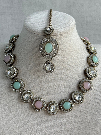 Ayura Designs Eira Necklace Set with Earrings & Tikka – Blush Pink, Mint Green & Crystal Stones with Antique Gold Finish