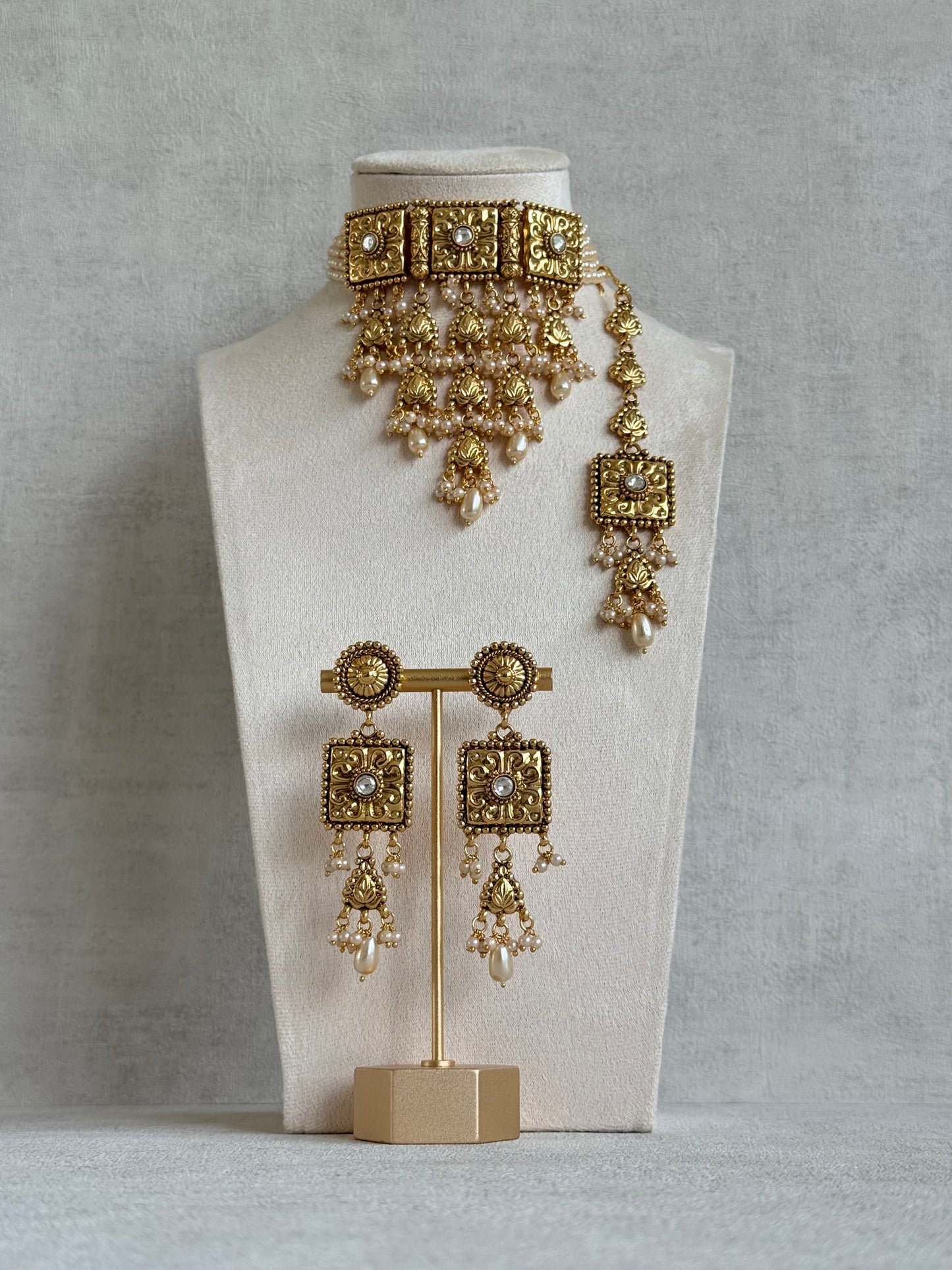 Ayura Designs Nimrah Choker Set with Earrings & Tikka – Ivory Pearl Gold Tone Waterfall Jewellery Set