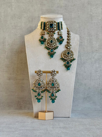 Ayura Designs Zarmeen Choker Set with Earrings & Tikka – Mirror-Cut Stones, Antique Gold Finish and Teal Green Beads