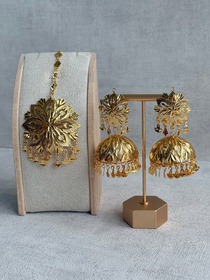 Ayura Designs Mutiyar Tikka Set with Jhumkis – Gold Floral Design with Pippal Patti Drops