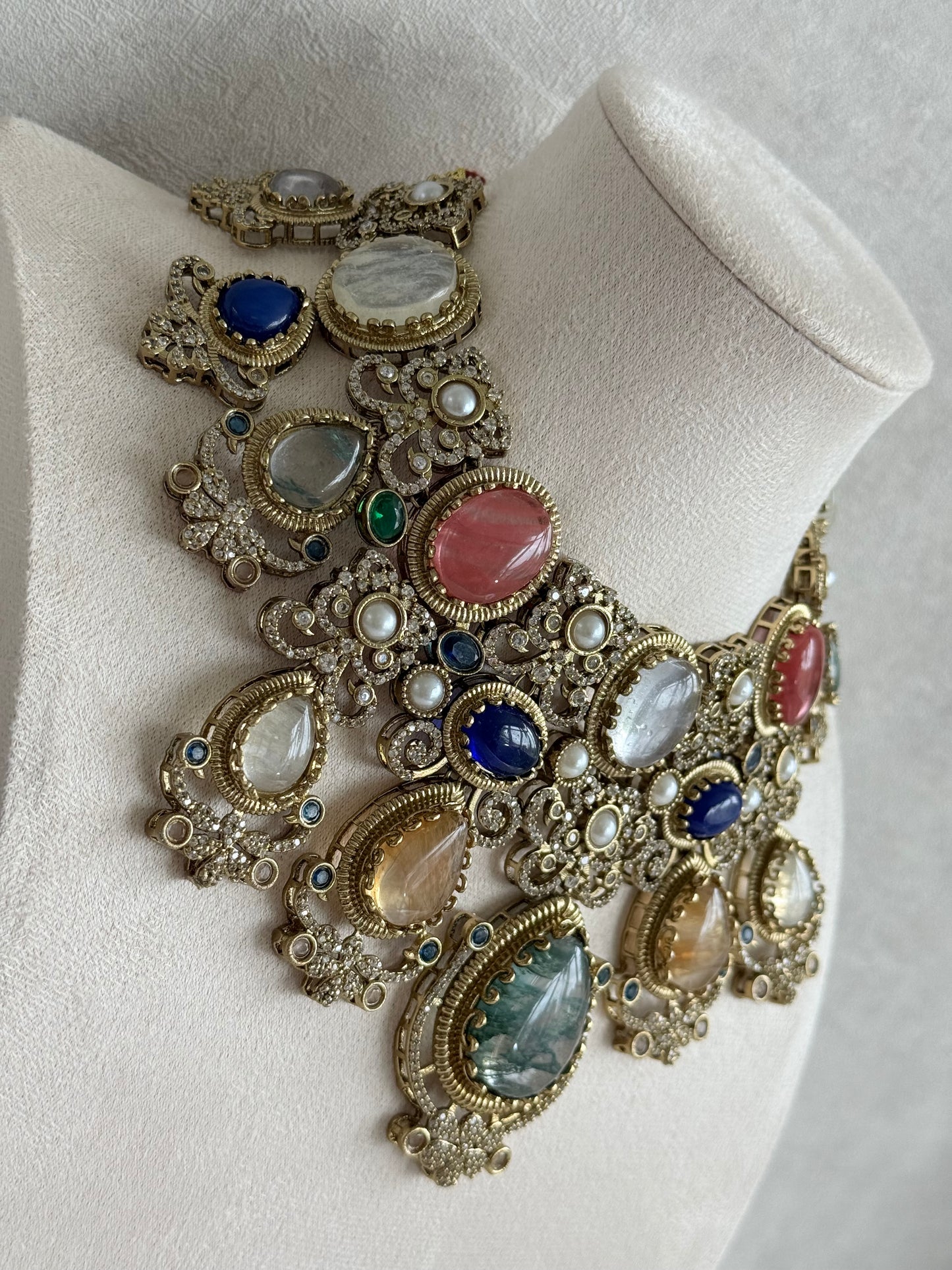 Ayura Designs Kimmy Necklace Set with Earrings – Statement Multicolour Necklace with Marble Stone Details & Crystal Work