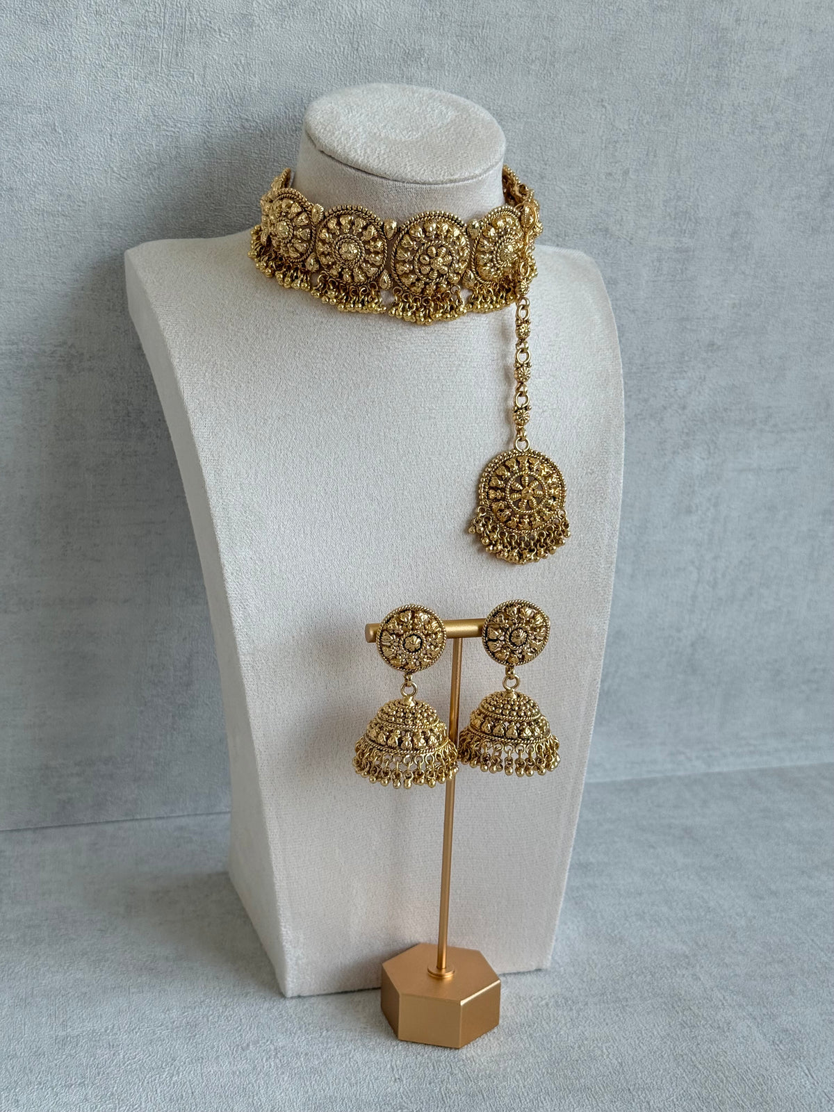Ayura Designs Nawabi Choker Set with Jhumkis & Tikka – Traditional Gold Tone Bridal Choker with Floral Motifs & Ghungroo Detailing