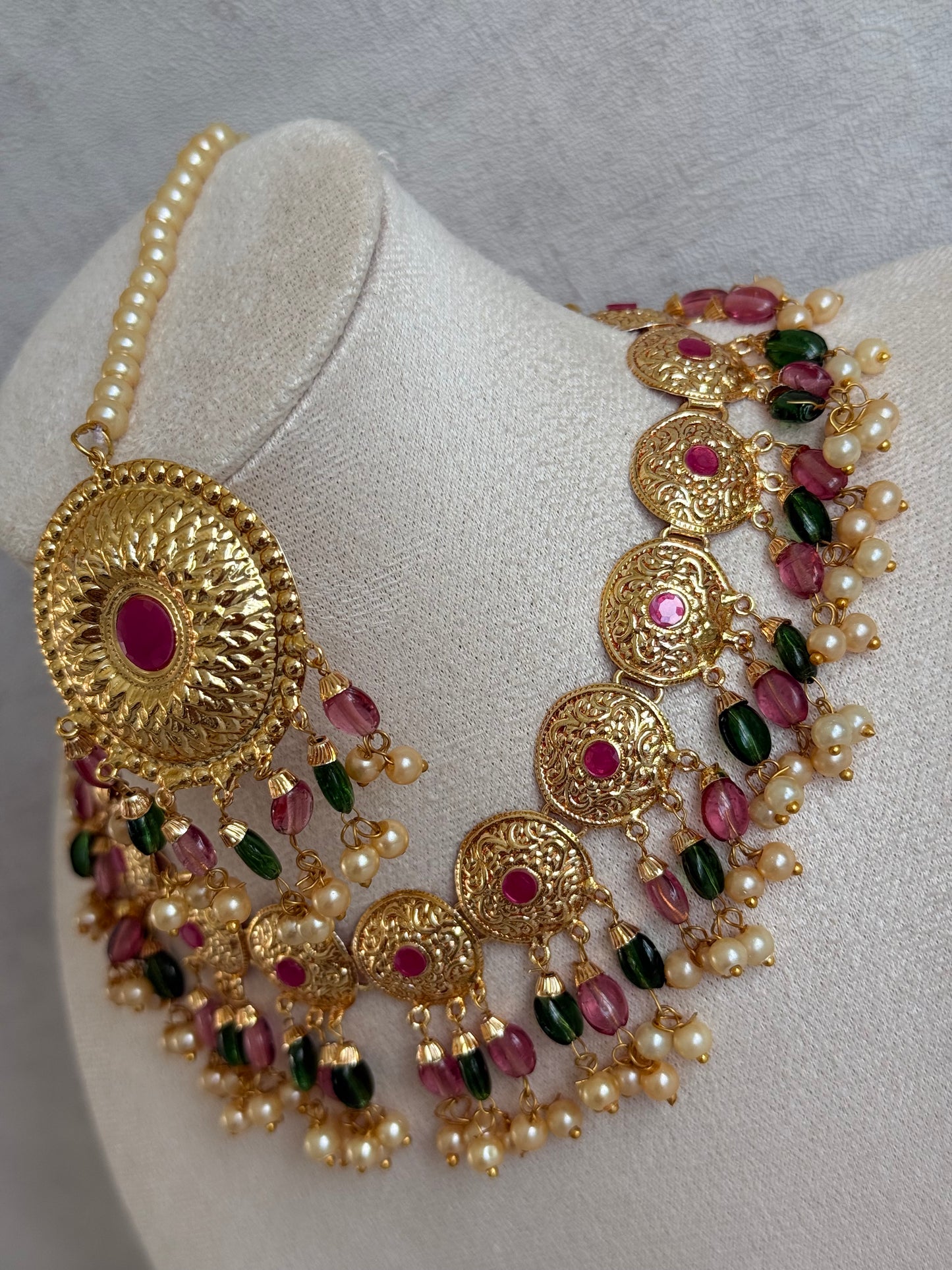 Ayura Designs Jyoti Set with Earrings & Tikka – Gold Disc Necklace with Ruby Pink, Emerald Green & Pearl Detailing