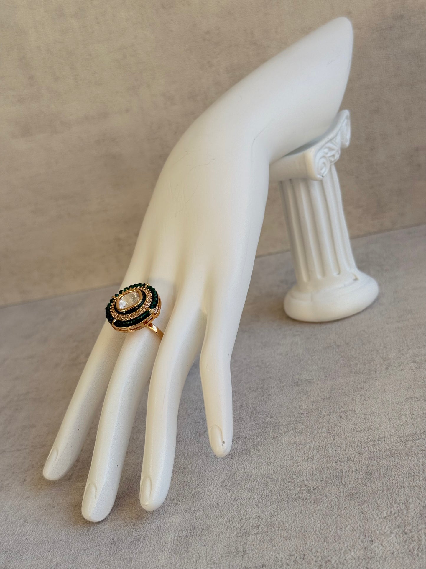 Ayura Designs Roselle Adjustable Ring – Moissanite Centre with Crystal Border & Emerald Green Beads