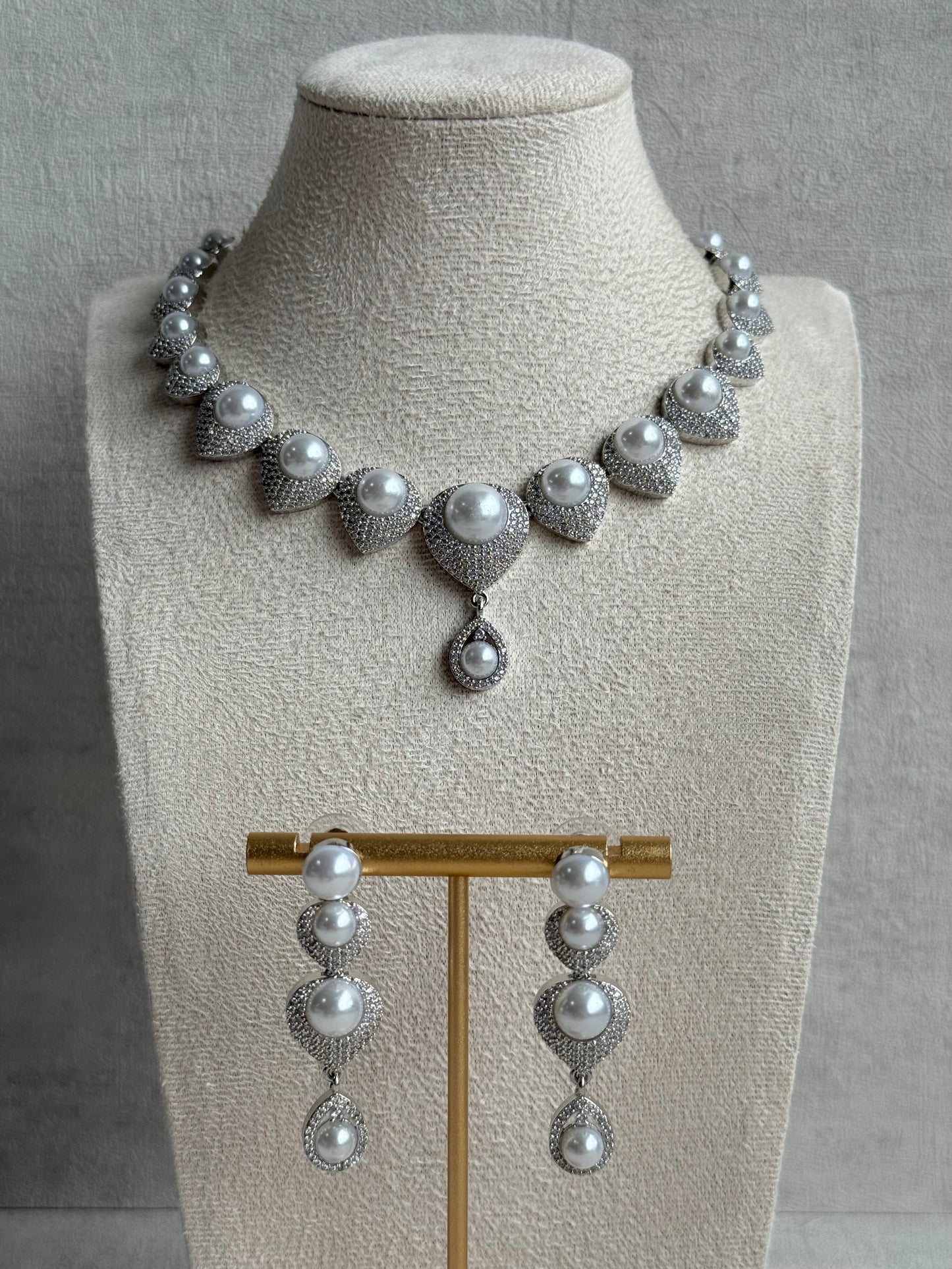Ayura Designs Juliette Set with Necklace & Drop Earrings – Silver Crystal & Pearl Statement Set