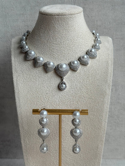 Ayura Designs Juliette Set with Necklace & Drop Earrings – Silver Crystal & Pearl Statement Set
