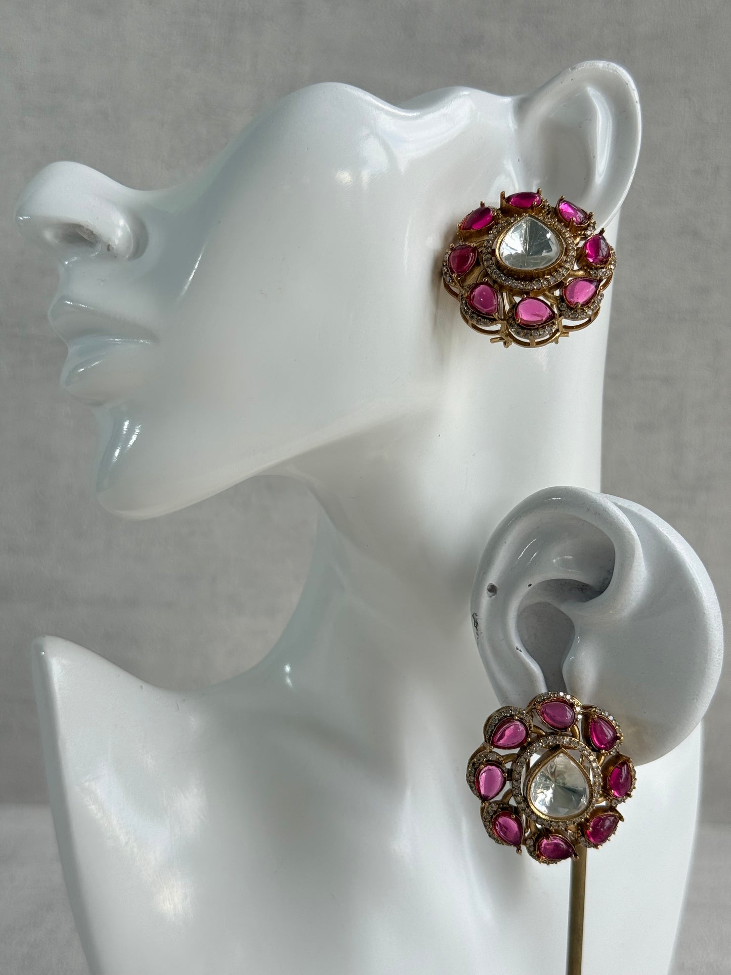 Ayura Designs Giana Stud Earrings – Rani Pink & Crystal Kundan with Gold Finish