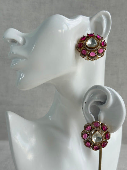 Ayura Designs Giana Stud Earrings – Rani Pink & Crystal Kundan with Gold Finish