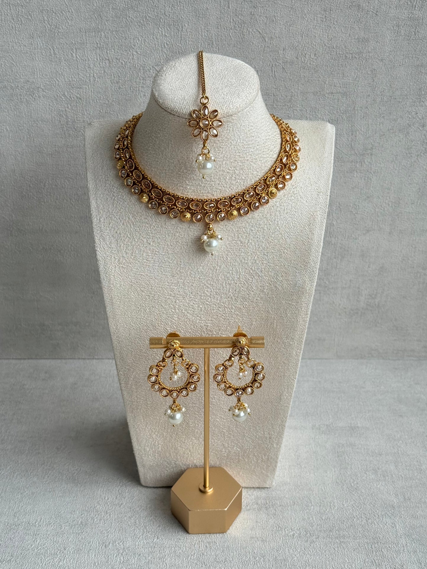 Ayura Designs Rashi Set with Earrings & Tikka – Mirror-Cut Stones with Ivory Pearl Drops in Antique Gold