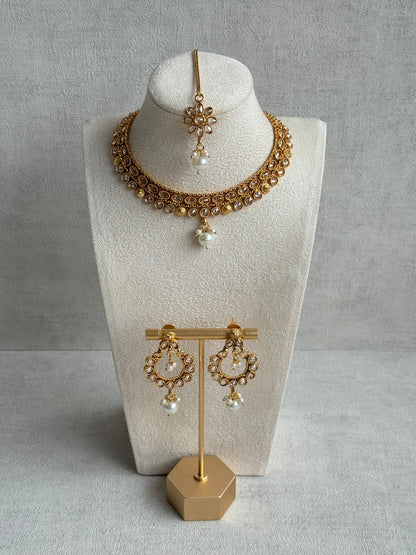 Ayura Designs Rashi Set with Earrings & Tikka – Mirror-Cut Stones with Ivory Pearl Drops in Antique Gold