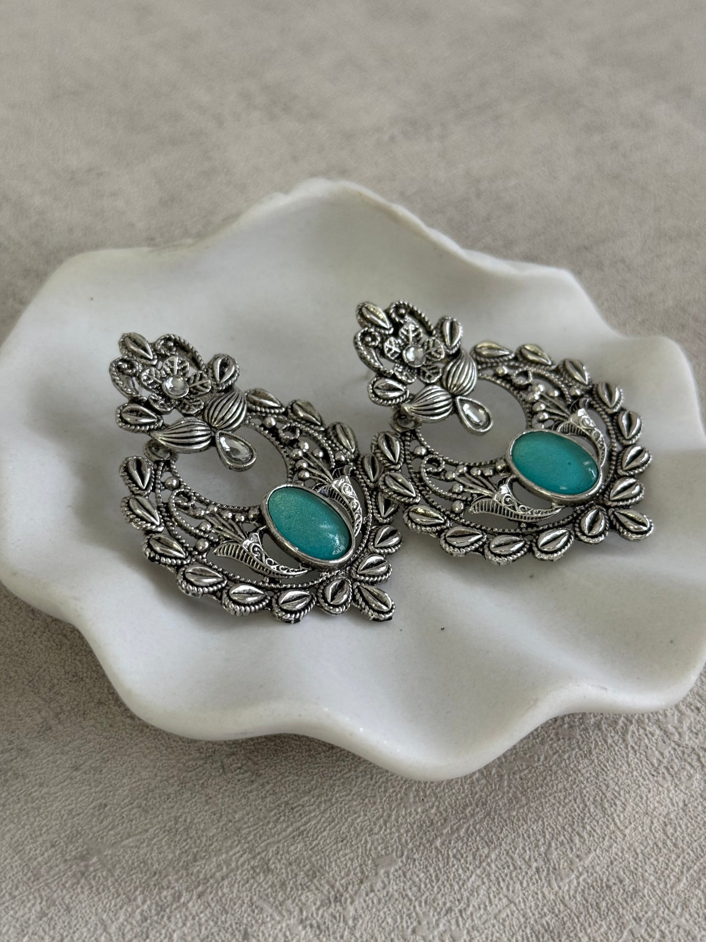Ayura Designs Eila Earrings with Aqua Blue Stone in Antique Silver Finish