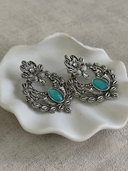 Ayura Designs Eila Earrings with Aqua Blue Stone in Antique Silver Finish