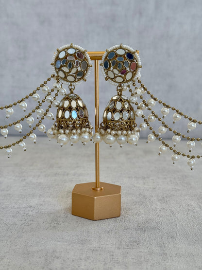 Ayura Designs Aaina Jhumkis with Sahare – Antique Gold Mirror Work & Pearl Earrings