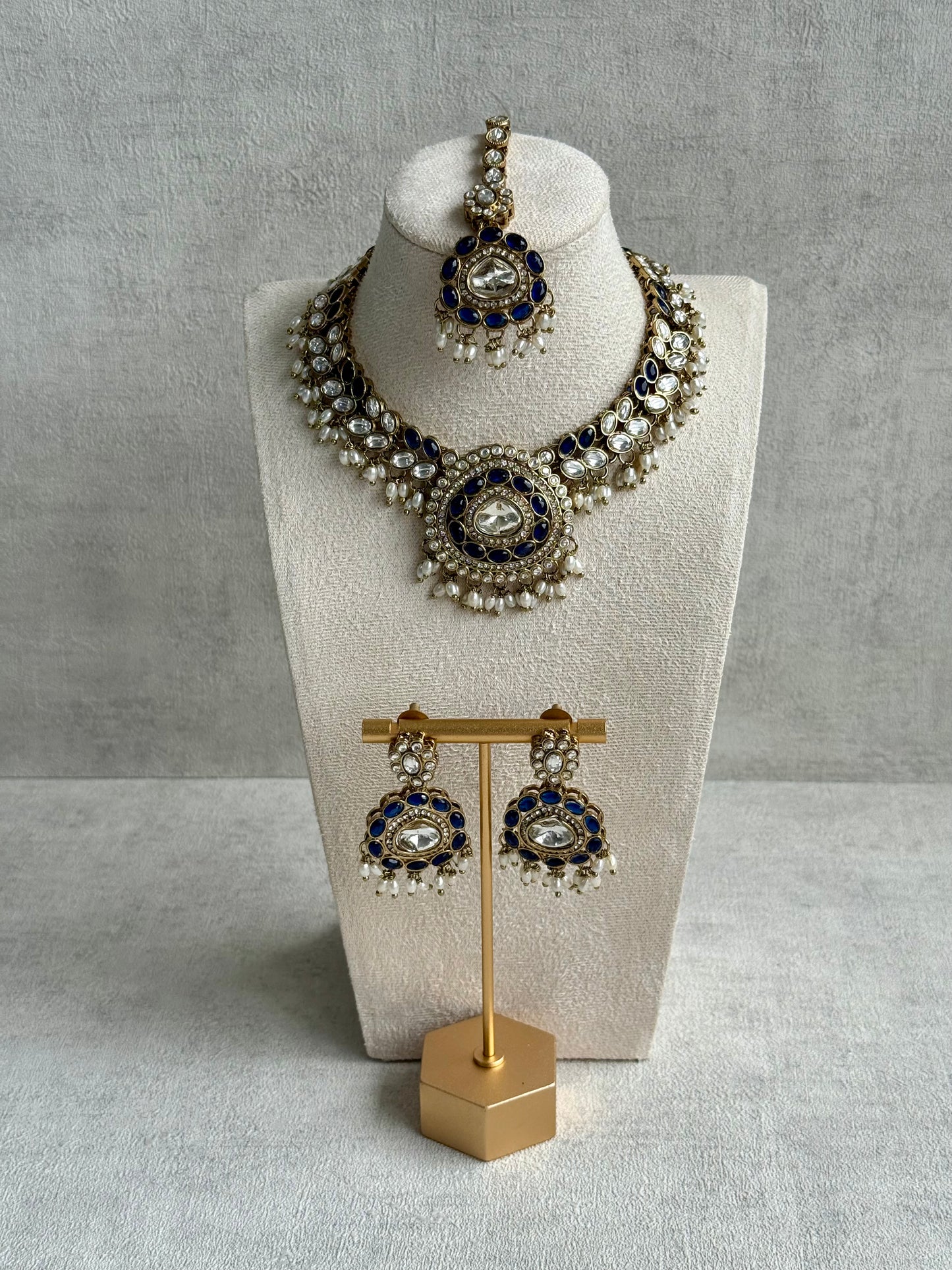 Ayura Designs Warda Set with Earrings & Tikka – Ink Blue Ovals, Mirror-Cut Stones & Ivory Pearls
