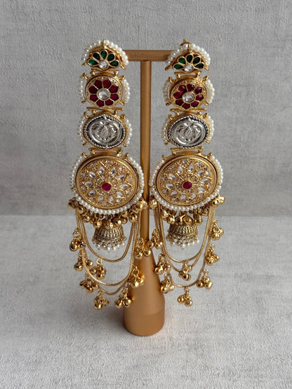 Ayura Designs Zeenia – Statement Kashmiri Earrings with Pearl Borders, Jhumki Drops, Multicolour Meenakari & Ghungroos
