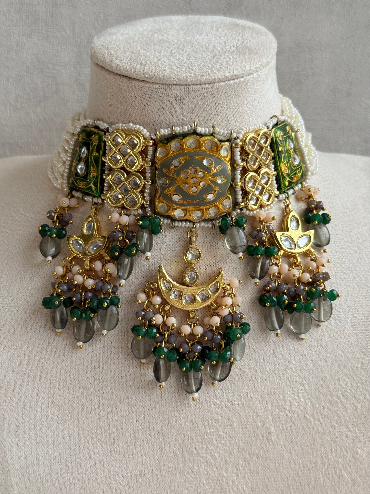 Ayura Designs Rehma Meenakari Kundan Choker Set with Earrings – Emerald Green & Pearl Bead Detailing