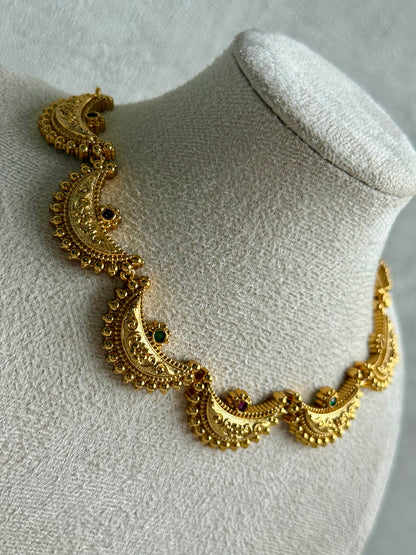 Ayura Designs Dhun Set – Necklace & Earrings with Antique Gold Crescent Motifs, Rani Pink & Emerald Detailing