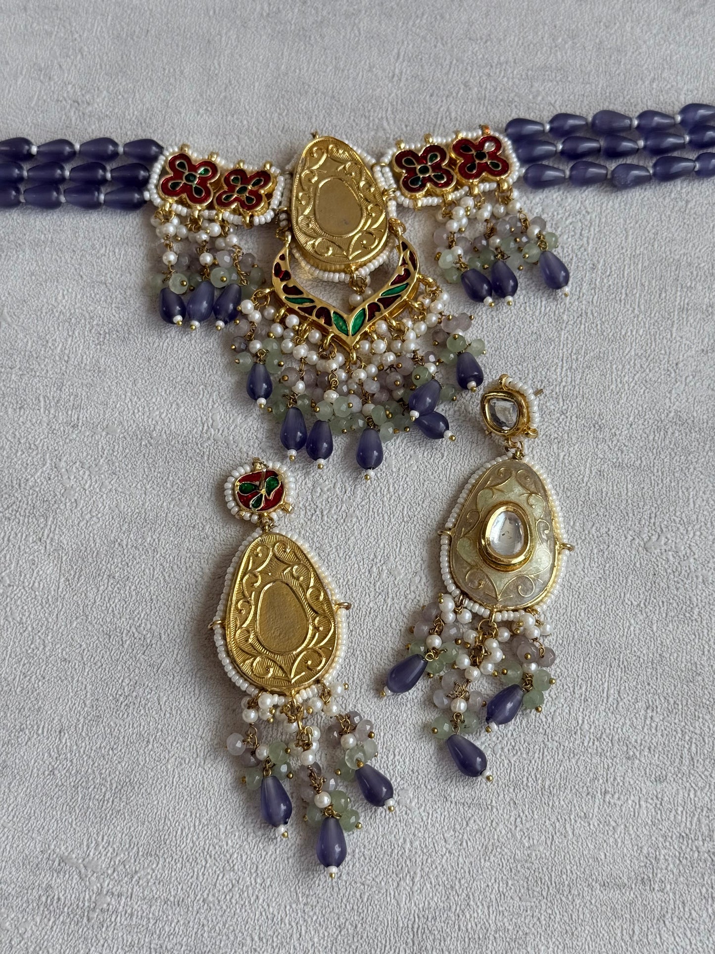 Ayura Designs Zarwali Meenakari Kundan Choker Set with Earrings – Dusty Lavender & Pearl Bead Detailing