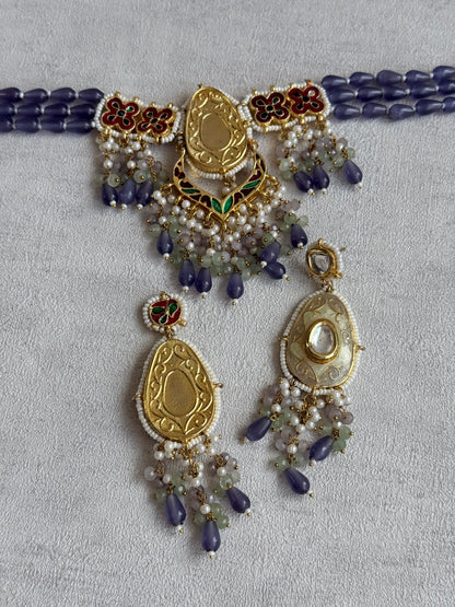 Ayura Designs Zarwali Meenakari Kundan Choker Set with Earrings – Dusty Lavender & Pearl Bead Detailing