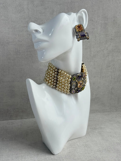 Ayura Designs Amelia Choker Set with Earrings – Moissanite Stonework with Layered Pearls in Antique Silver Finish (Soft Pastel Mix)