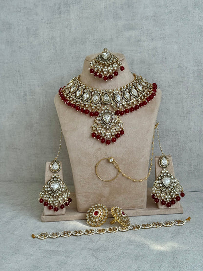 Ayura Designs Gulbahar Bridal Set with Necklace, Jhumkis, Tikka, Nath, Ring & Sheeshphool – Jadau Kundan Craftsmanship with Mirror-Cut Polki, Red Beads & Antique Gold Finish