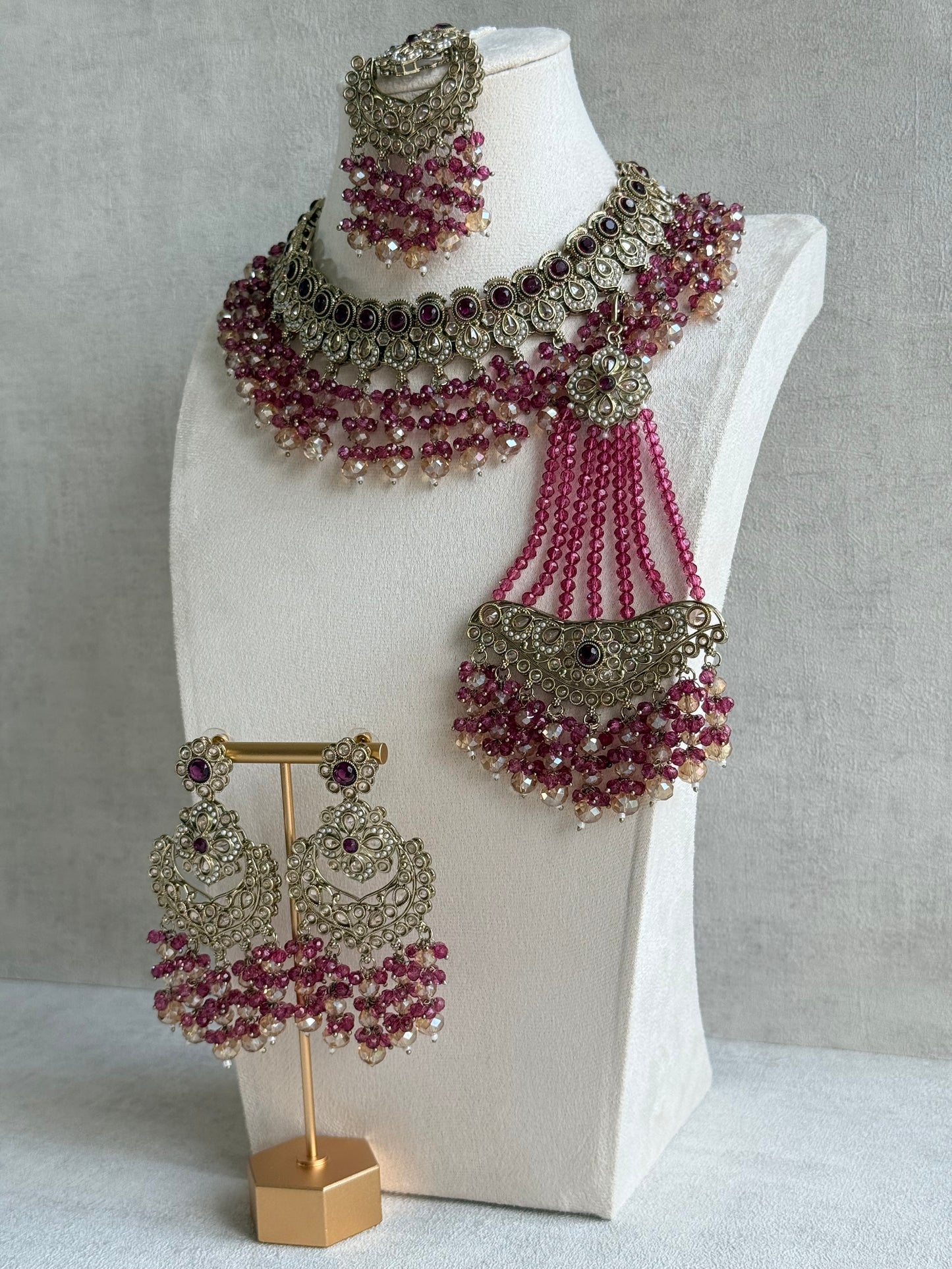 Ayura Designs Dilnaz Necklace Set with Earrings, Tikka & Passa – Berry Pink & Champagne Crystal Beads & Antique Gold Finish