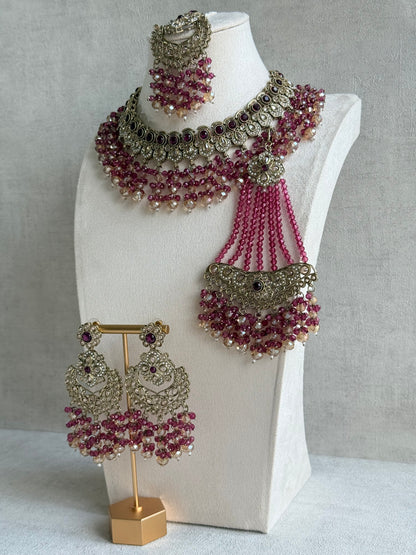 Ayura Designs Dilnaz Necklace Set with Earrings, Tikka & Passa – Berry Pink & Champagne Crystal Beads & Antique Gold Finish