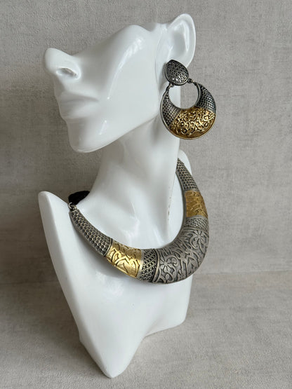 Ayura Designs Raahil Necklace Set with Earrings – Dual Tone Oxidised Statement Necklace with Floral Engraving & Cutwork Detailing