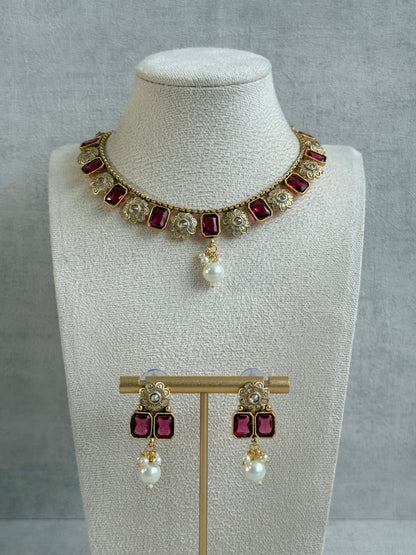 Ayura Designs Padma Necklace Set with Earrings – Rani Pink Stones with Pearl Drop Detailing