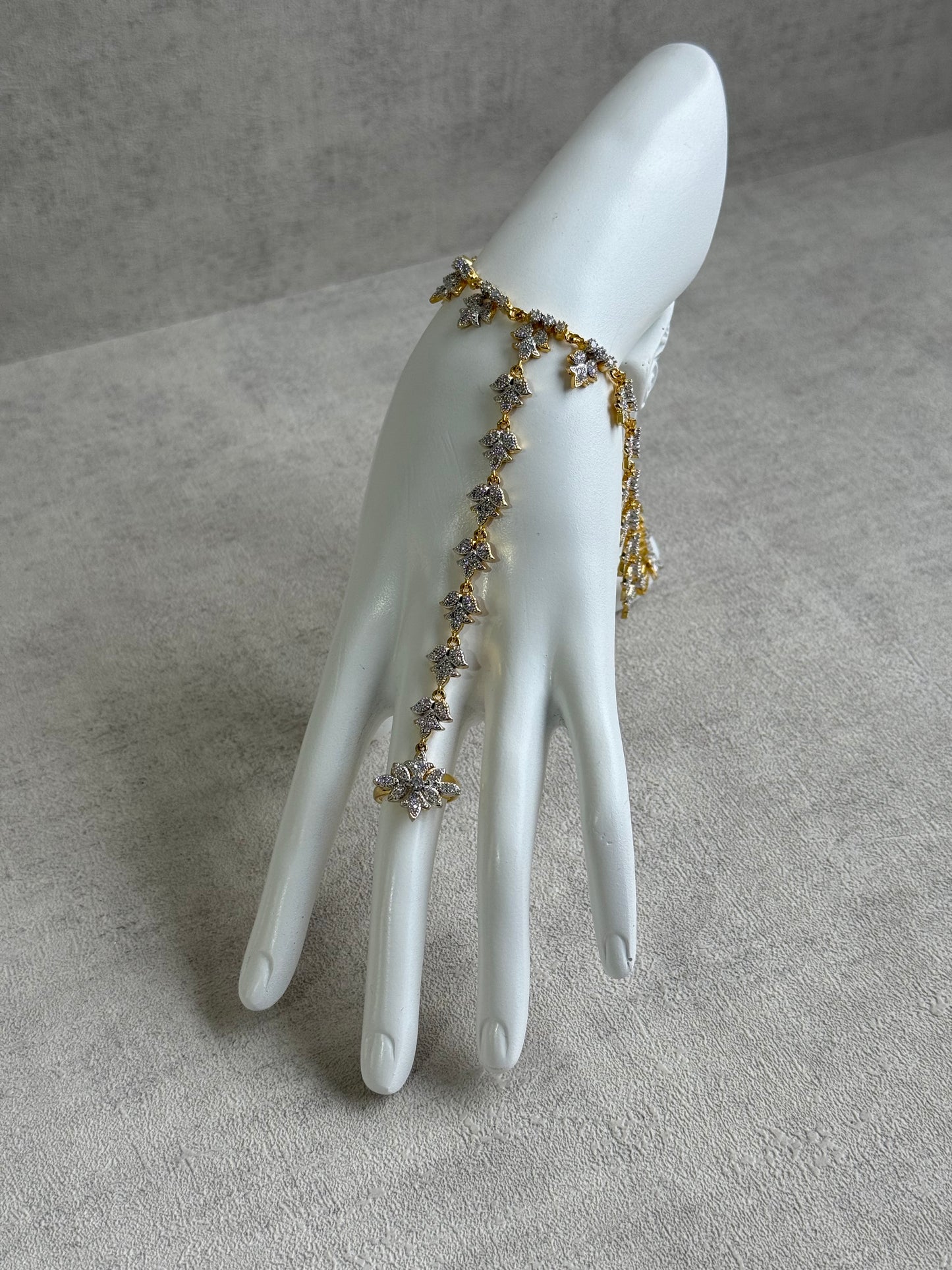 Ayura Designs Aagya Haathphool – Set of 2 Gold & Silver Ring-Bracelet Chains with Floral Diamond-Cut Detailing