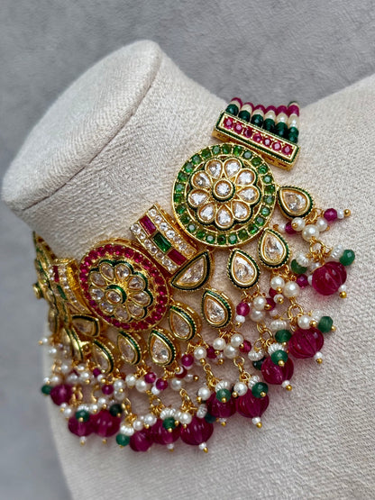 Ayura Designs Yasvi Set – Necklace & Earrings with Mirror-Cut Stones, Fuchsia Pink, Emerald Green & Pearl Detailing
