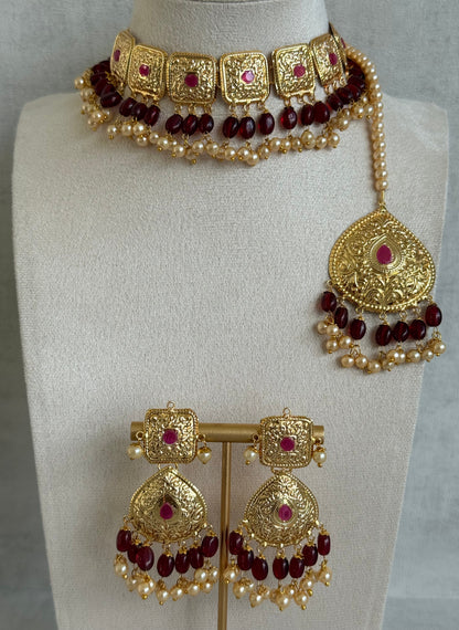 Ayura Designs Chetna Choker Set with Earrings & Tikka – Maroon Beads, Cream Pearl Drops with Pipal Patti Detailing