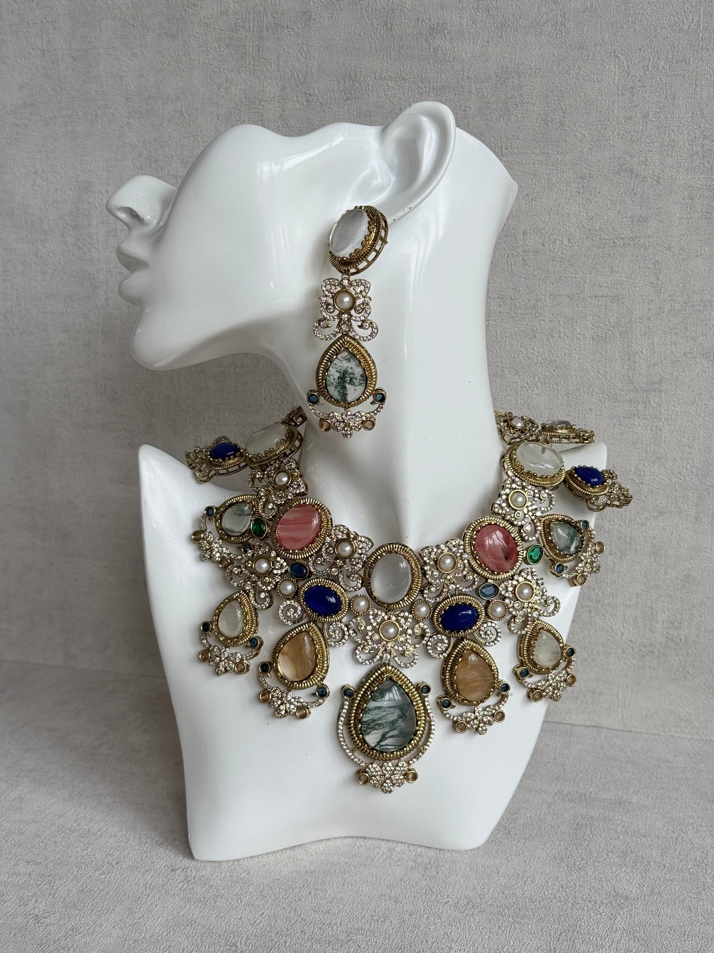 Ayura Designs Kimmy Necklace Set with Earrings – Statement Multicolour Necklace with Marble Stone Details & Crystal Work