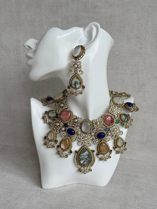 Ayura Designs Kimmy Necklace Set with Earrings – Statement Multicolour Necklace with Marble Stone Details & Crystal Work