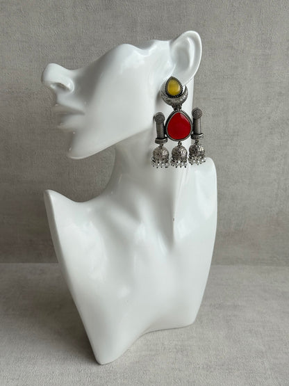 Ayura Designs Qissa Earrings – Oxidised Triple Jhumki Earrings with Ruby Red Stones & Pearl Detailing