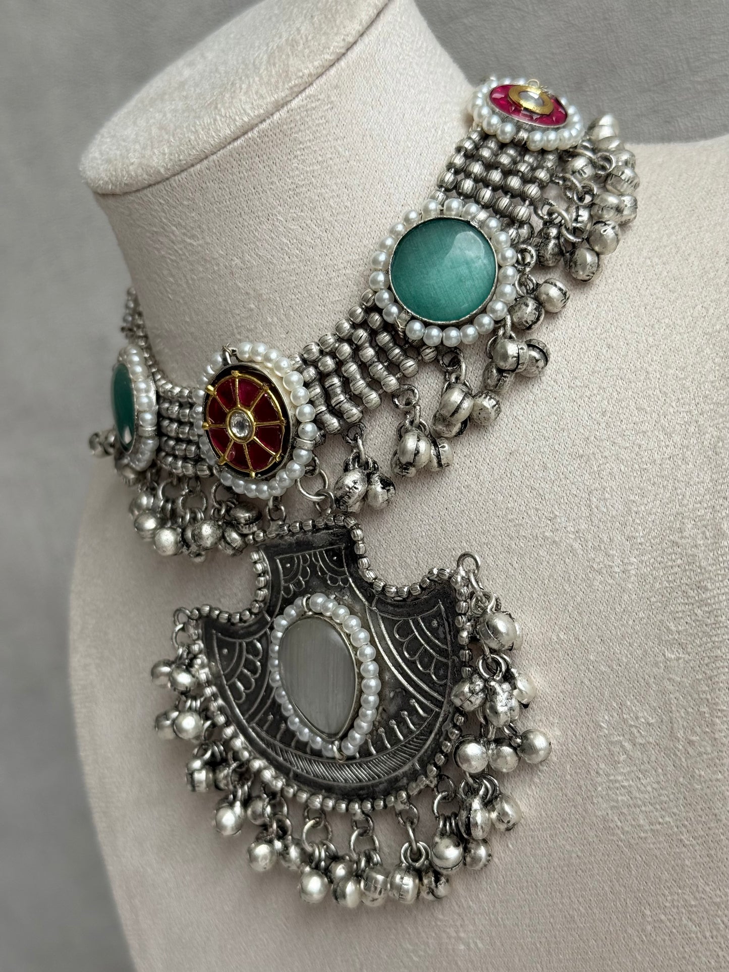 Ayura Designs Zareefa Necklace Set with Jhumkis – Oxidised Silver Pendant Necklace with Multicolour Stones, Pearl Detailing & Ghungroo Accents