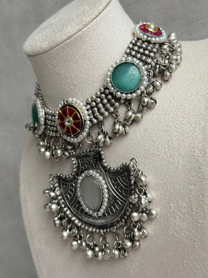 Ayura Designs Zareefa Necklace Set with Jhumkis – Oxidised Silver Pendant Necklace with Multicolour Stones, Pearl Detailing & Ghungroo Accents