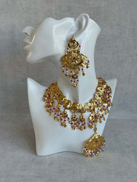 Ayura Designs Baisakhi Set with Earrings & Tikka – Gold Pipal Patti Design with Ruby Pink Beads & Pearl Detailing