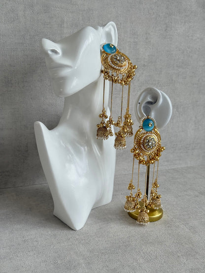Ayura Designs Shagan Earrings – Aqua Blue Statement Earrings with Multi Jhumki Drops, Pearl Detailing & Ghungroo Accents