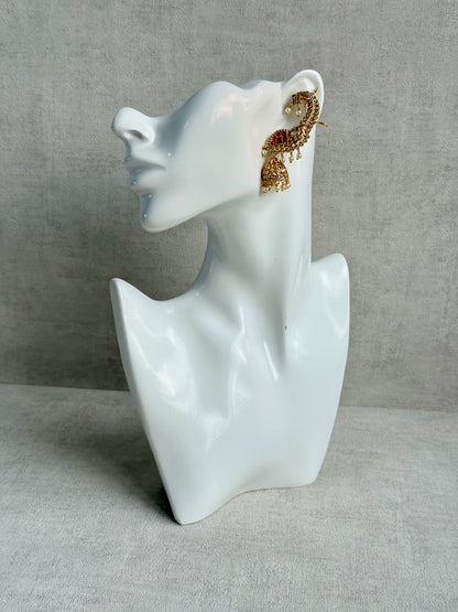 Ayura Designs Padma Earrings – Gold Half Ear Cuffs with Peacock Motif, Pink Stone Accents, Kundan Crystals & Pearl Jhumka Drops